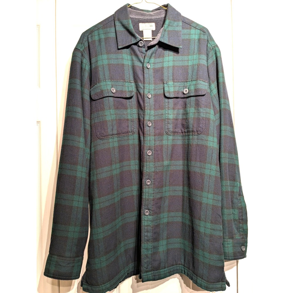 LL Bean Shirt Jacket Men M Green Navy Plaid Fleece Lined Flannel Outdoor Vintage